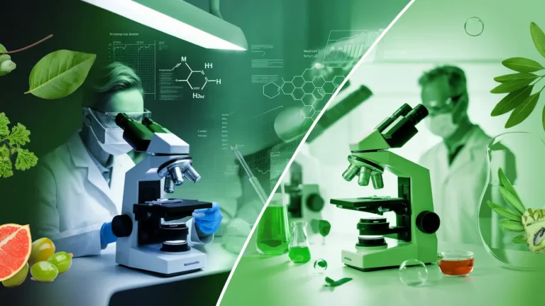 Scientists in a green-themed laboratory analyzing APIs and nutraceuticals with natural and molecular elements